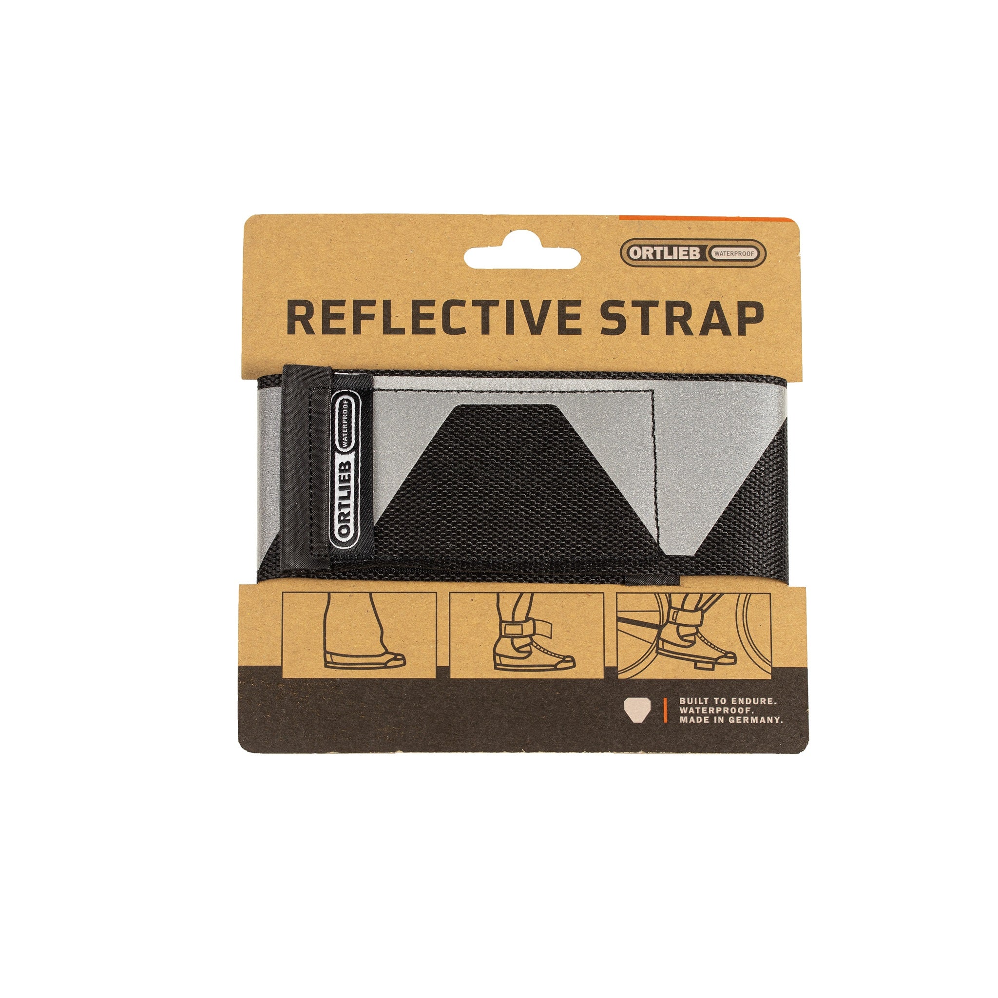 ORTLIEB Reflective Strap, handmade reflective trouser strap made from recycled materials, front of packaging