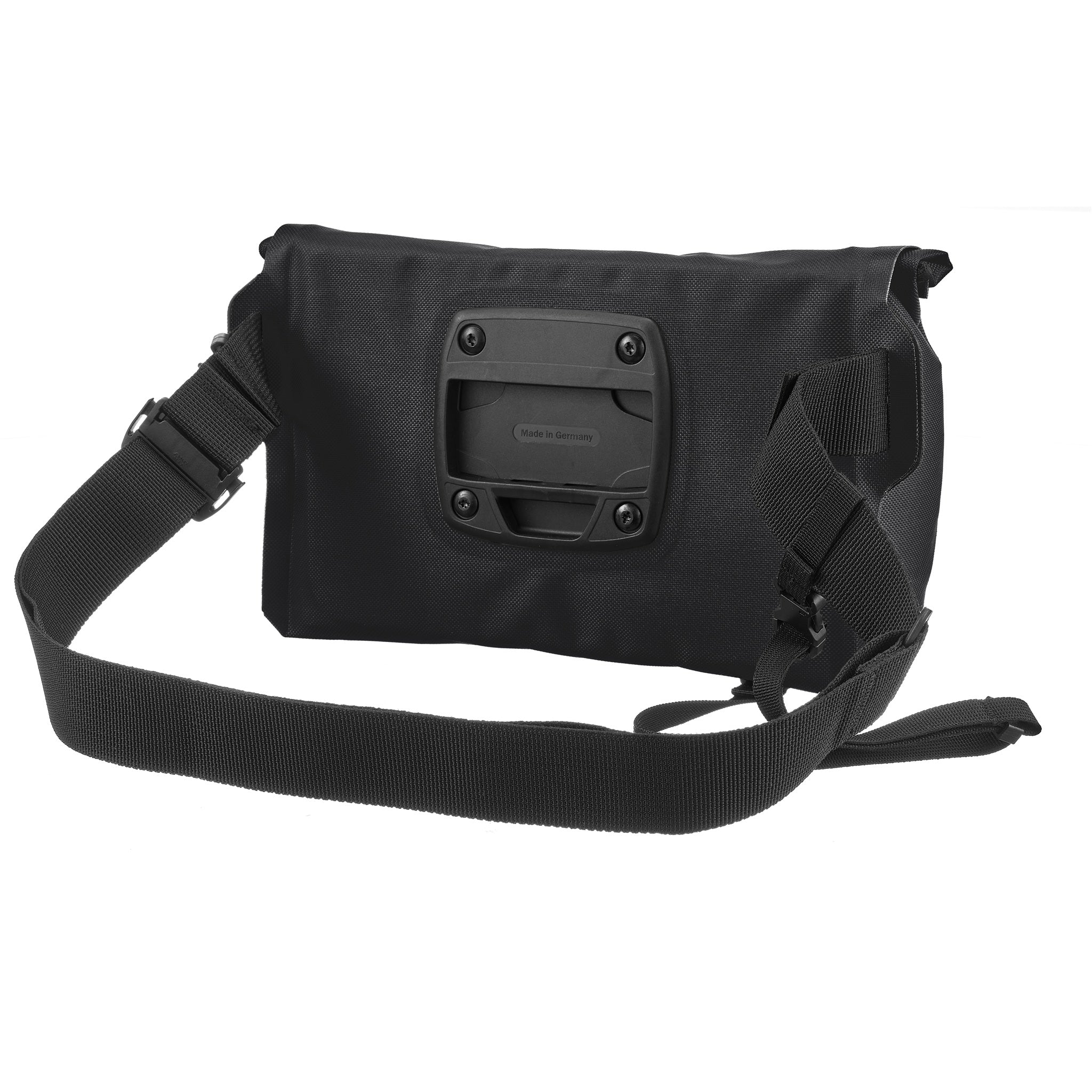 Rückseite der ORTLIEB Velo-Sling Flex in black 2.5 Liter mit Halterungsplatte und Gurt