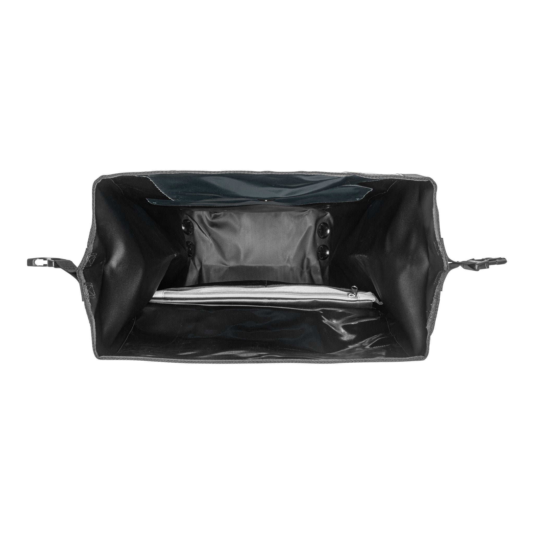 Inside view of ORTLIEB Back-Roller XL QL2.2 in asphalt - black with large main compartment and zip pocket