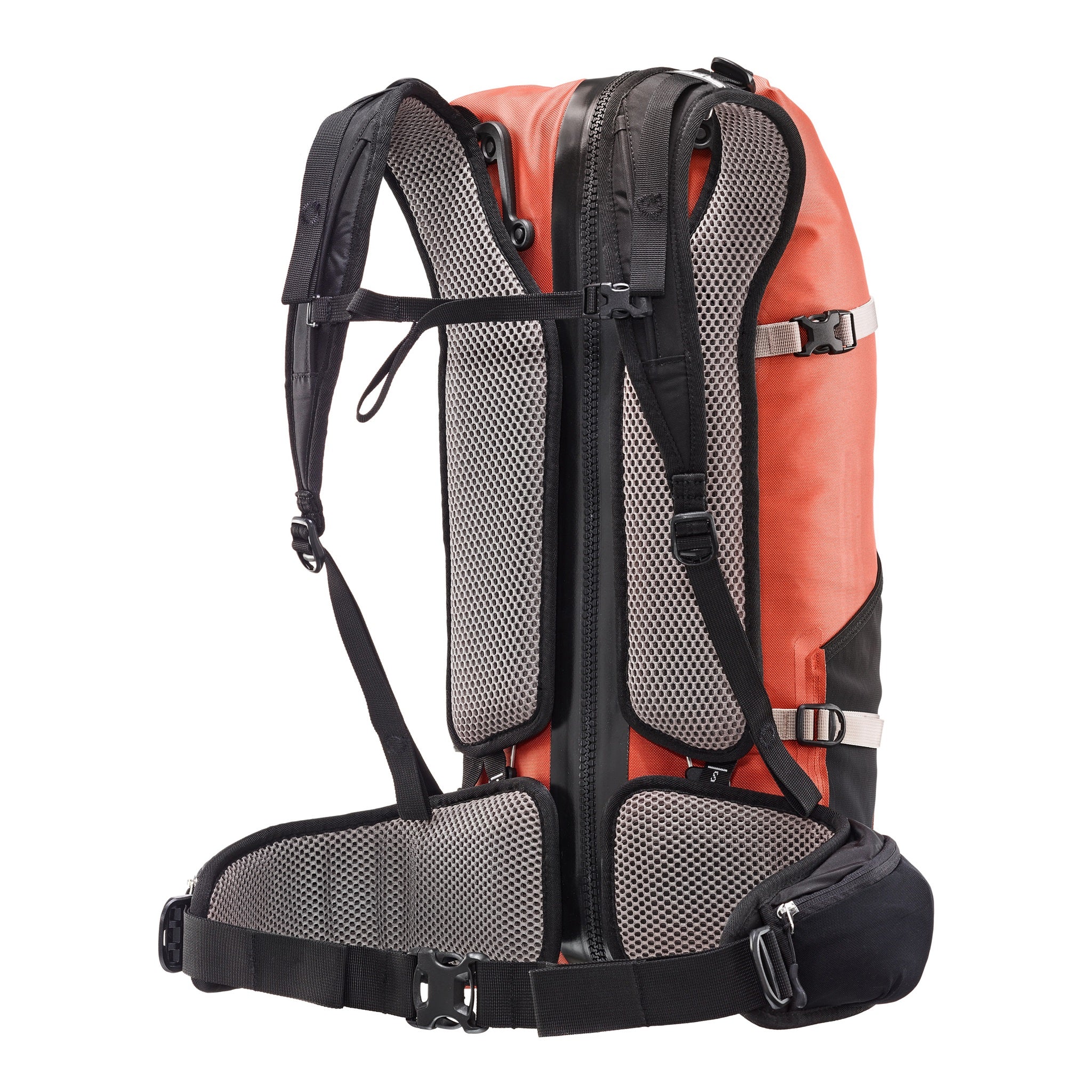 Back view of the waterproof ORTLIEB Atrack outdoor backpack in rooibos color with 25 liters volume, featuring breathable mesh padding, height-adjustable shoulder straps, and a waterproof zipper.