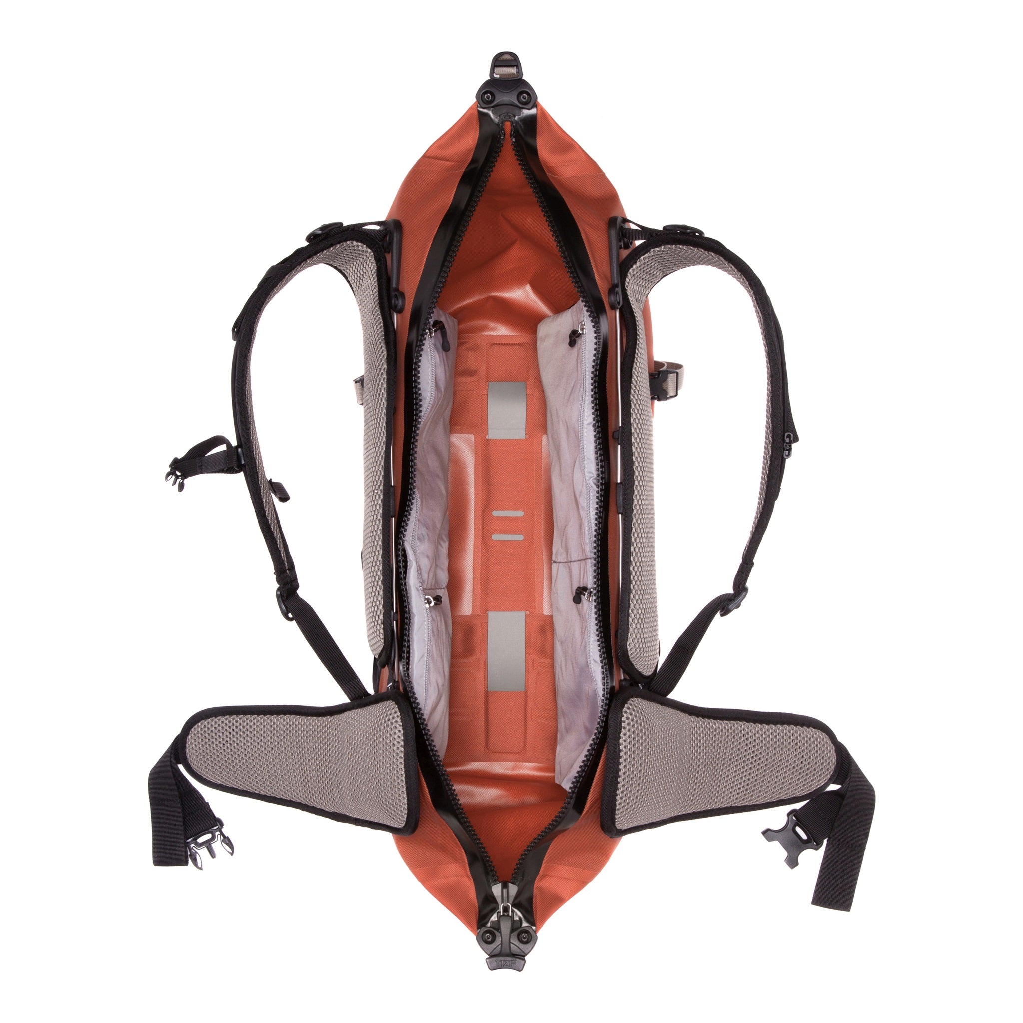 Inside view of the waterproof ORTLIEB Atrack outdoor backpack in rooibos color with 25 liters volume, featuring a spacious main compartment, internal organizer pockets, and fully waterproof construction.