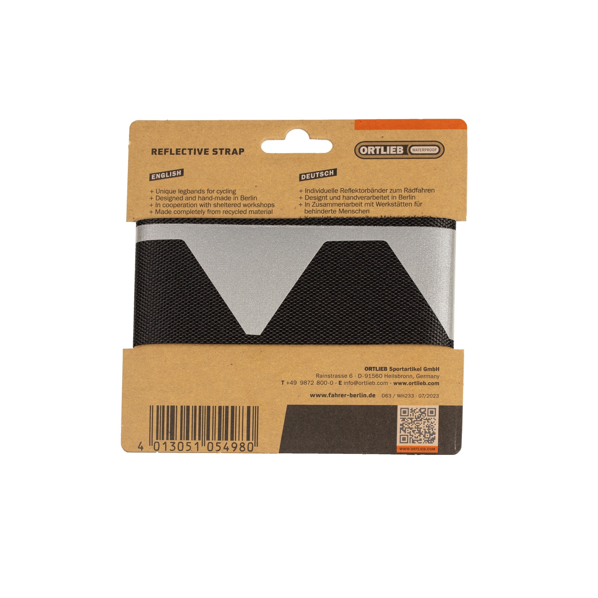 ORTLIEB Reflective Strap, reflective trouser strap from Berlin, back of packaging with product information