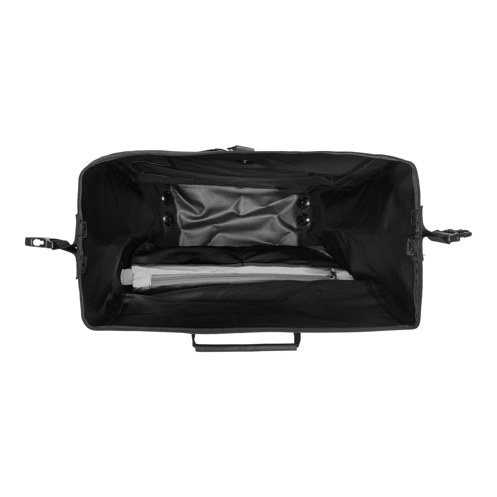 Inside view of ORTLIEB Back-Roller XL Plus QL2.2 in granite - black with large main compartment and zip pocket