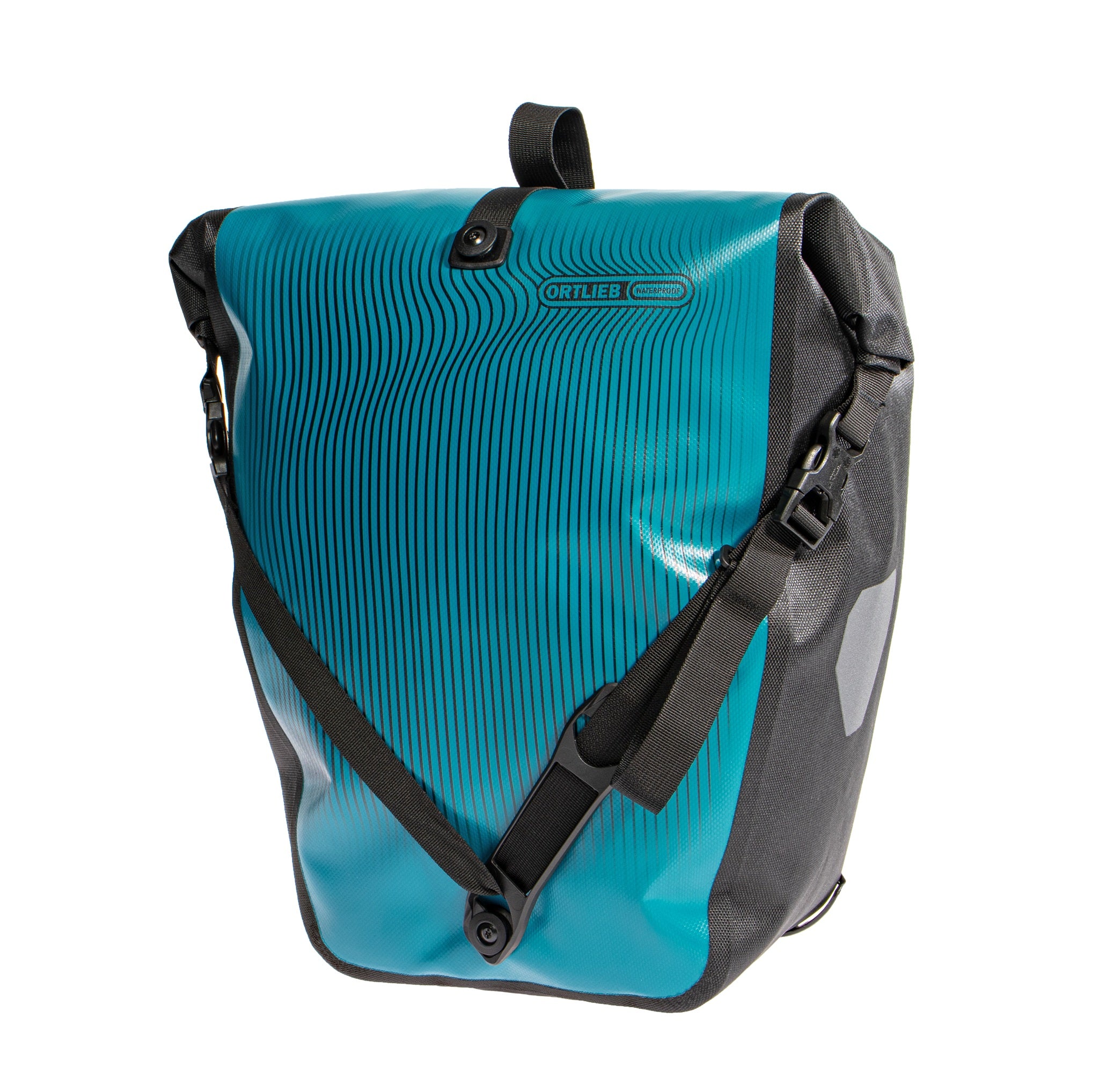 front view of ORTLIEB Back-Roller Design bag in petrol blue with graphic stripe pattern