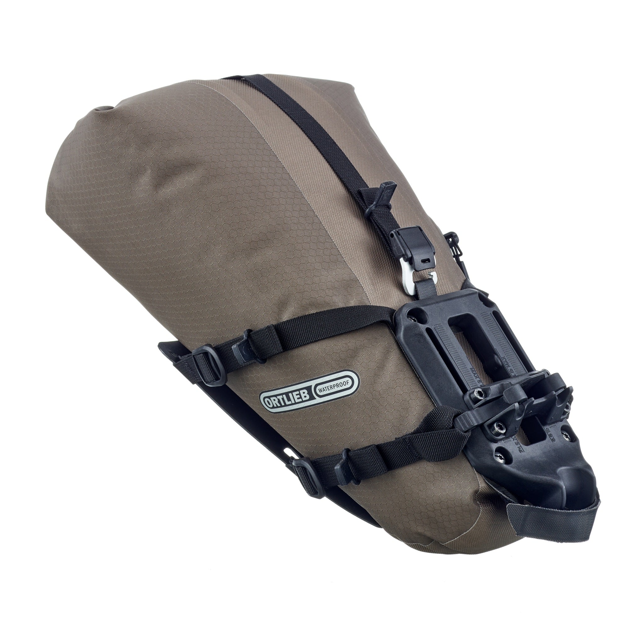 ORTLIEB Seat-Pack QR bike bag in dark-sand side view with roll closure and mounting system