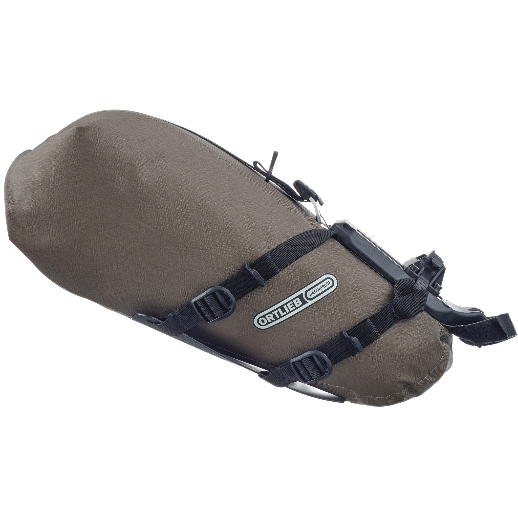 Side close-up of ORTLIEB Seat-Pack QR dark-sand with straps and mounting system