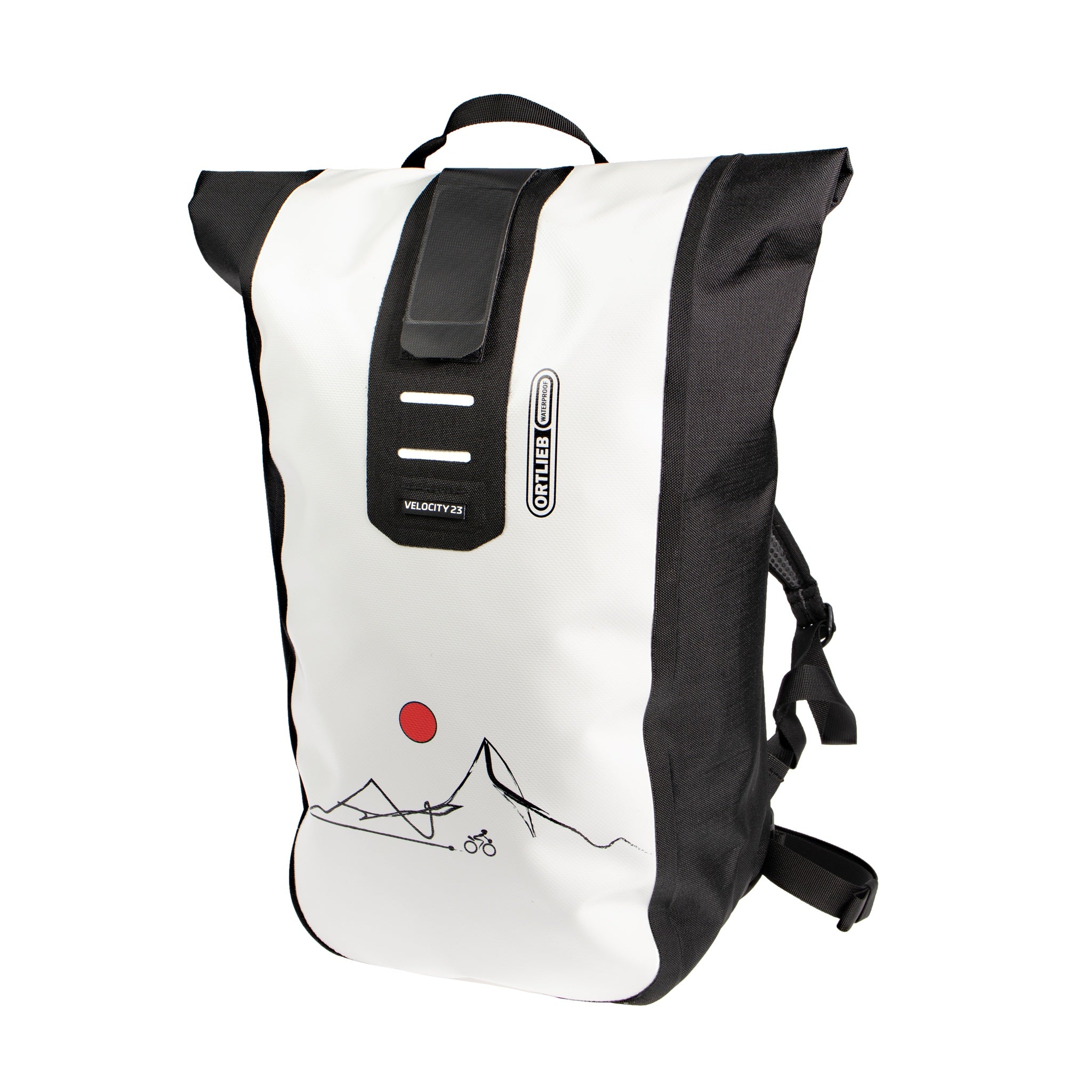 ORTLIEB Velocity Design backpack in white and black with red sun motif and mountain line on front